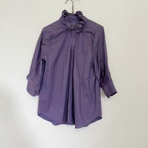 KMJ Shirt Womens Size Medium Purple Ruffle Trim Button Front 3/4 Sleeve
